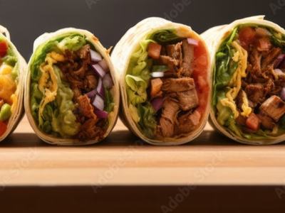 3 wraps with meat and lettuce inside them.