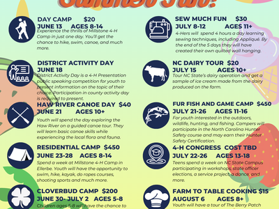 Richmond County 4‑H Summer Fun! flyer listing camps, dates, ages, and prices.