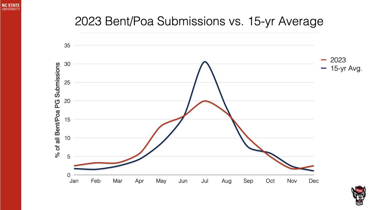 Line chart showing 2023 vs 15‑yr average Bent/Poa PG submissions by month