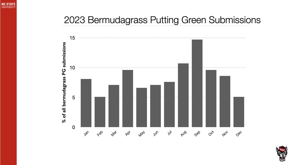 2023 Bermudagrass Putting Green Submissions bar chart, monthly % submissions, peak in Sep