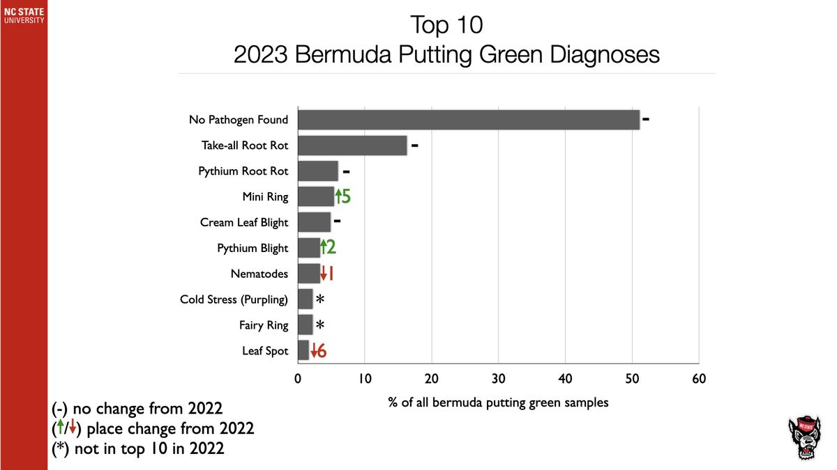 Bar chart: Top 10 2023 Bermuda putting green diagnoses, "No Pathogen Found" about 55%