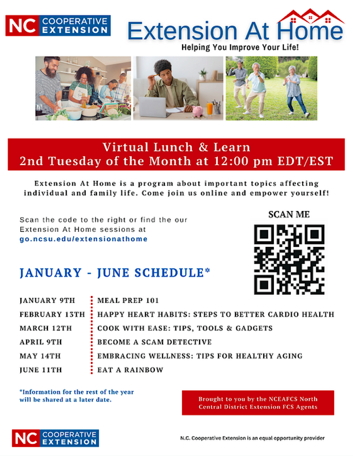 N.C. Cooperative Extension At Home flyer with description, schedule, registration info. and QR code