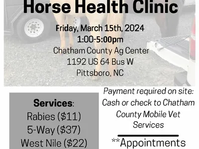 Horse Health Clinic — March 15, 2024, 1:00–5:00pm at Chatham County Ag Center