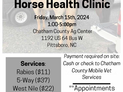 Horse Health Clinic — March 15, 2024, 1:00–5:00pm at Chatham County Ag Center