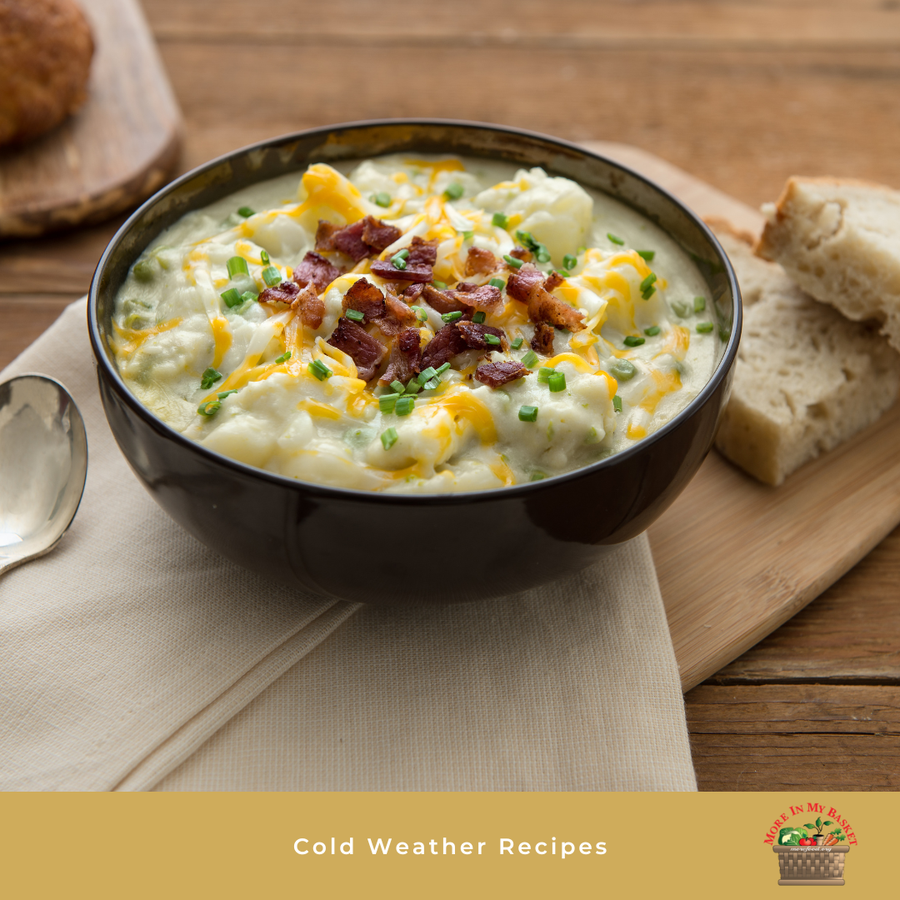 Bowl of potato soup with cheddar and bacon on top