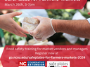 Gloved vendor handing a container of cheese; text: "SafePlates for Farmers' Markets March 26th, 3-7pm"