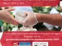 Gloved vendor handing a container of cheese; text: "SafePlates for Farmers' Markets March 26th, 3-7pm"