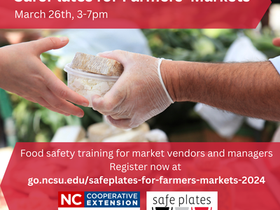 Gloved vendor handing a container of cheese; text: "SafePlates for Farmers' Markets March 26th, 3-7pm"