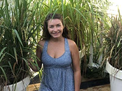 Horticulturist and author Brie Arthur stand among large container plants