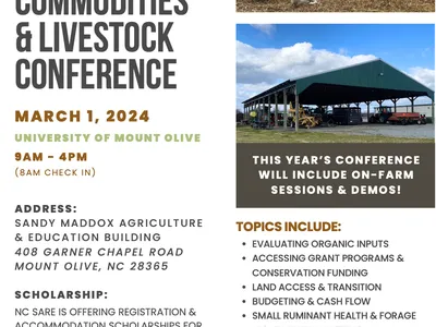 Flyer with information about the organic commodities & livestock conference for 2024, picturing cattle and farm equipment.