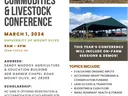 Flyer with information about the organic commodities & livestock conference for 2024, picturing cattle and farm equipment.
