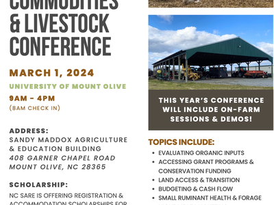 Flyer with information about the organic commodities & livestock conference for 2024, picturing cattle and farm equipment.