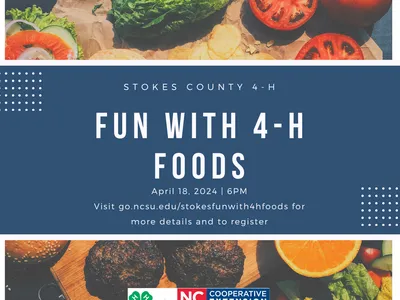 Flyer: "FUN WITH 4-H FOODS" event text with tomatoes, lettuce, and burger patties