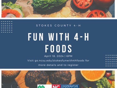 Flyer: "FUN WITH 4-H FOODS" event text with tomatoes, lettuce, and burger patties