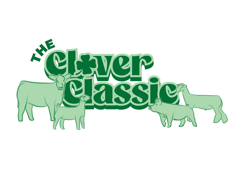 The words "The Clover Classic" in green ink with a beef heifer, market goat, pig, and sheep under it.