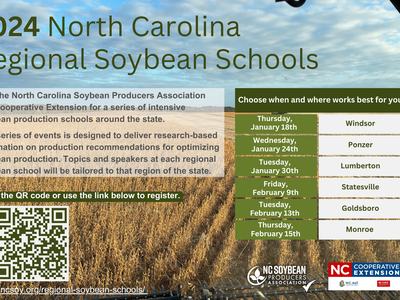 2024 North Carolina Regional Soybean Schools flyer listing dates, locations, registration QR code