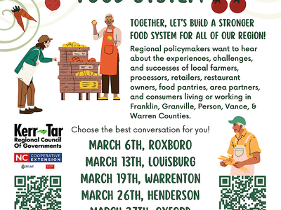 Framing Our Food System flyer listing March meeting dates and locations
