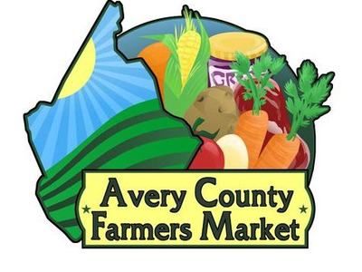 Logo: Avery County Farmers Market with vegetables and stylized farmland