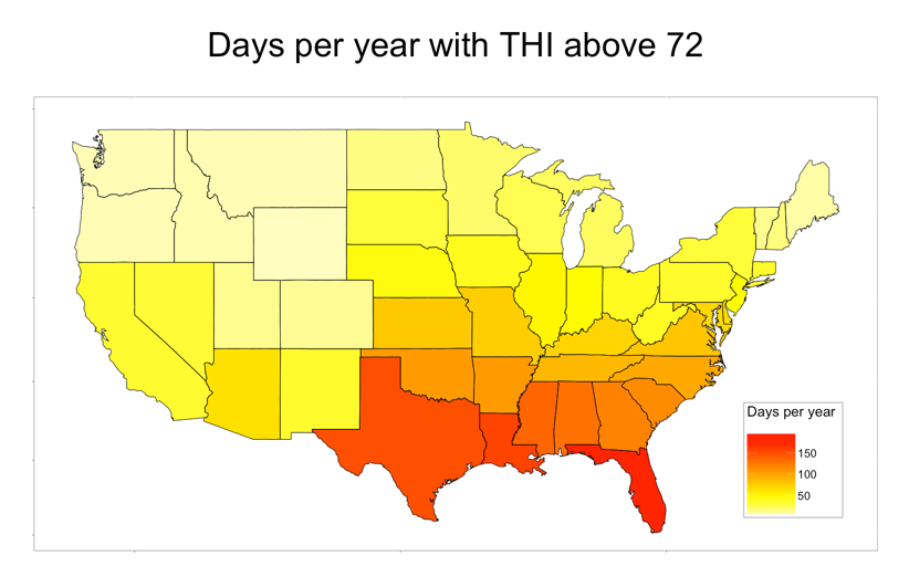 USA map showing number of estimated days with THI greater than 72