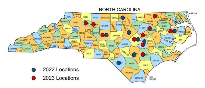 Map of North Carolina counties with blue dots (2022 Locations) and red dots (2023 Locations)