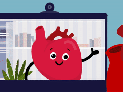 Cartoon anthropomorphic heart waving from a laptop screen with bookshelf and plant