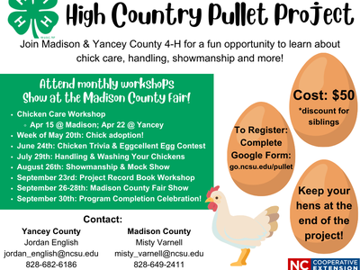 High Country Pullet Project flyer: 4‑H pullet workshops; register at go.ncsu.edu/pullet; Cost $50