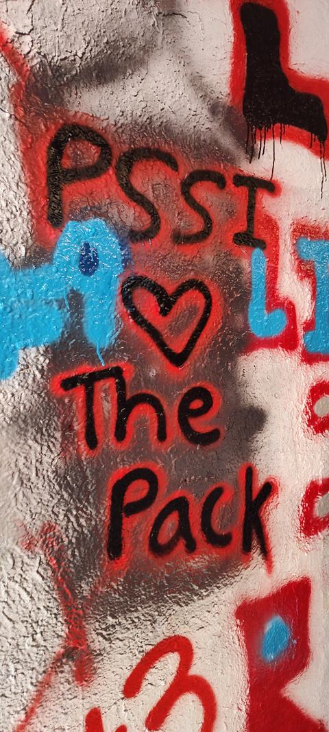 Graffiti on textured wall reading "PSSI ♥ The Pack" in black spray paint with red outline