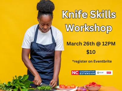 Person chopping vegetables with event info on the right side