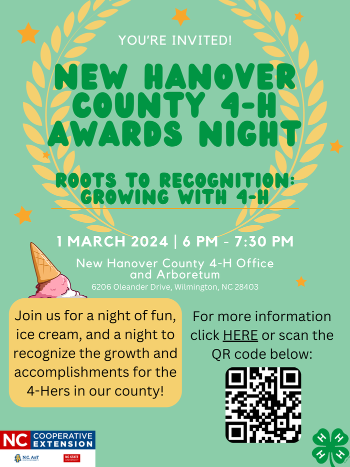 New Hanover County 4-H Awards Night information and QR code