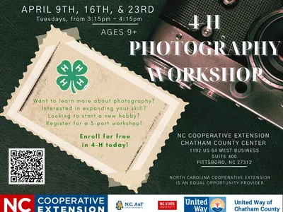 4‑H Photography Workshop flyer — April 9, 16, 23; Tuesdays 3:15–4:15pm; Ages 9+; NC Cooperative Extension
