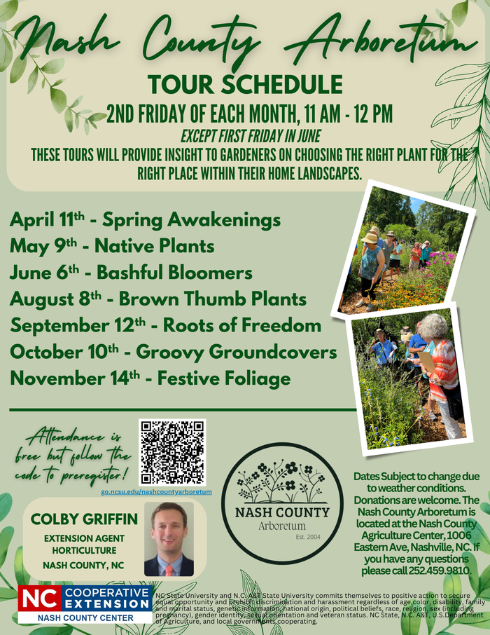 Nash County Arboretum tour schedule, 2nd Friday each month 11 AM–12 PM; monthly topics listed