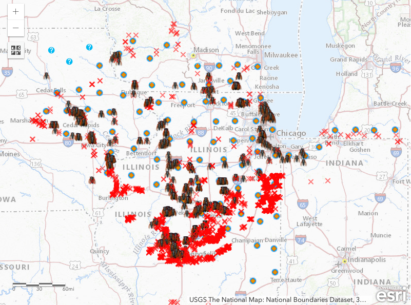 Map highlighting past emergences with red X and known cicada emergence patterns with a cicada icon. Areas in Illinois, Indiana and Michigan will be hardest hit with this brood.