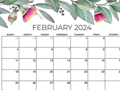 Blank February 2024 calendar grid with eucalyptus leaves and pink flower header