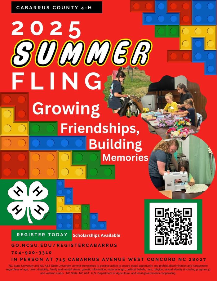 2025 Summer Fling — Growing Friendships, Building Memories; Cabarrus County 4‑H poster with QR