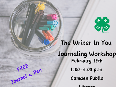Jar of pens and flyer: Journaling Workshop Feb 19, 1–3 p.m., Camden Library; FREE journal & pen
