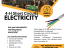 Youth watching utility workers at an electrical demonstration; flyer titled "4-H Short Circuits ELECTRICITY"