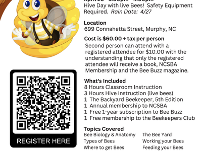 BEE SCHOOL 2024 flyer with cartoon bee, dates March 15-16 and April 20, location Murphy NC.