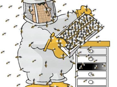 Drawing of a beekeeper with bees