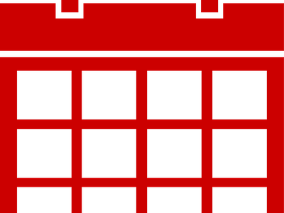 Red calendar icon with 4x3 black date grid and two rectangular top tabs
