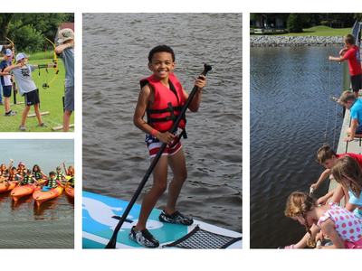 Children practicing archery, canoeing, paddleboarding, and fishing.
