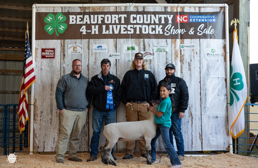 A group of kids and adults posing with a ribbon and a lamb.