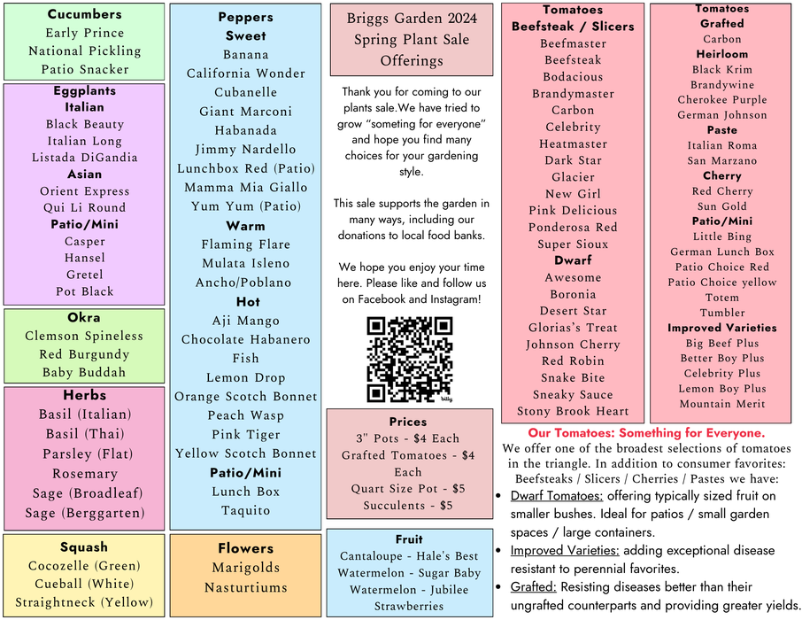 Plant Sale Listing with lists of available plants for purchase