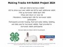 Making Tracks 4-H Rabbit Project 2024: $30 borrow, pick up Apr 24, show and return June 1
