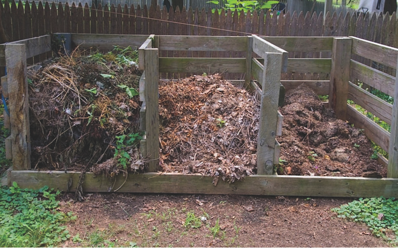image of three compost bins: leaf mulch, 