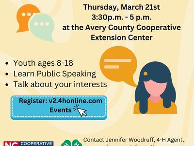 4-H Presentation Workshop Mar 21 3:30–5pm at Avery County Extension; youth 8–18; v2.4honline.com