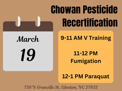 Chowan Pesticide Recertification — March 19: 9–11 AM V Training; 11–12 Fumigation; 12–1 Paraquat