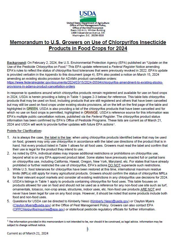 USDA Memorandum to Growers.