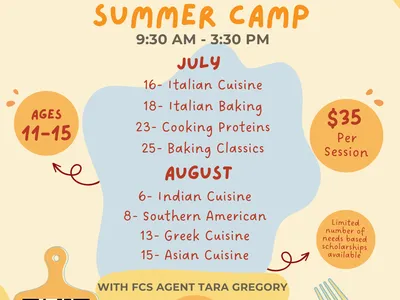 Flyer with camp information, QR code, logos, and spoon and fork decoration