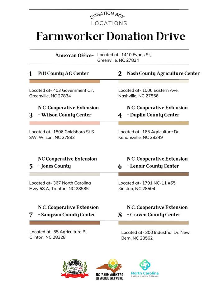 donation box locations for the farmworker donation drive: amexcan office (1410 evans st, greenville, nc 27834), pitt county ag center, nash county agriculture center, nc cooperative extension offices (wilson, duplin, jones, lenoir, sampson, and craven counties).