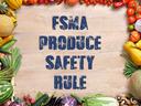 FSMA Produce Safety Rule centered on wooden background framed by fruits and vegetables